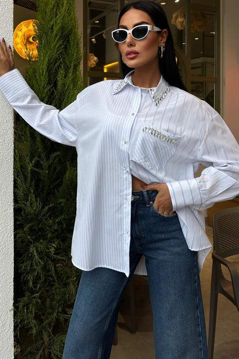 Striped Over Shirt with Stoned Collar and Pocket 3406