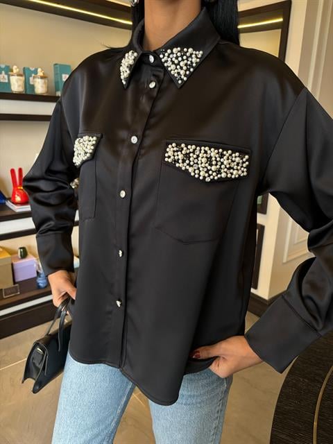 Satin Shirt with Collar and Pocket Pearl Stones 3423