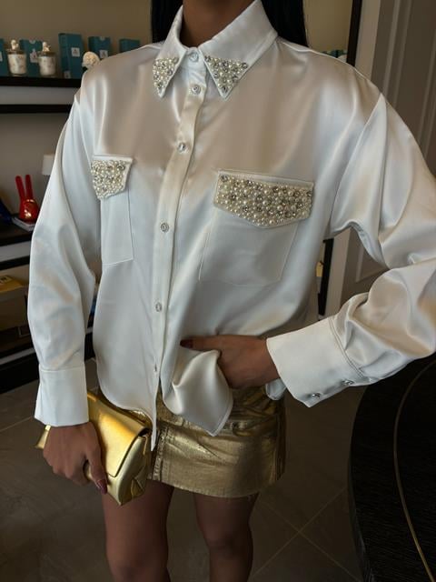 Satin Shirt with Collar and Pocket Pearl Stones 3423
