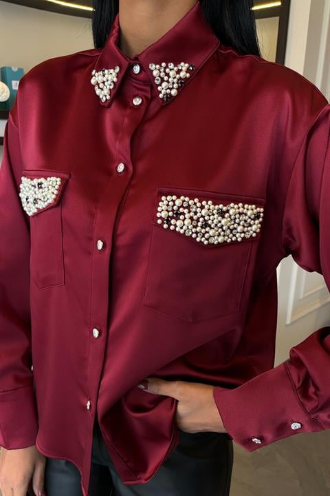 Satin Shirt with Collar and Pocket Pearl Stones 3423