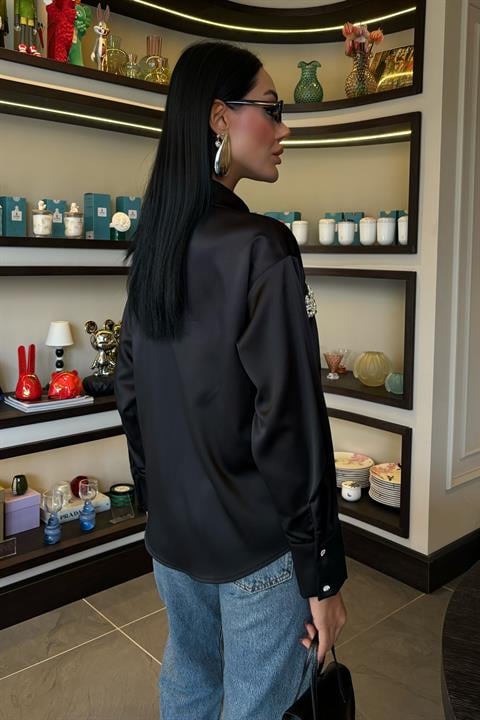 Satin Shirt with Collar and Pocket Pearl Stones 3423