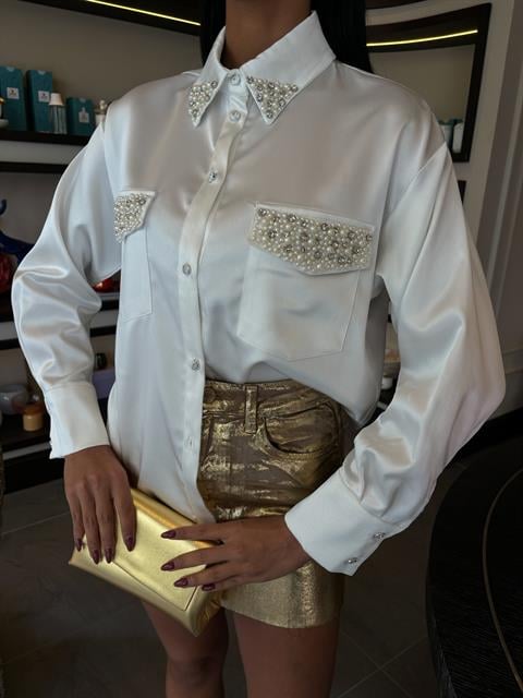 Satin Shirt with Collar and Pocket Pearl Stones 3423
