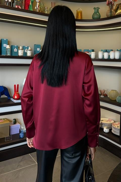 Satin Shirt with Collar and Pocket Pearl Stones 3423