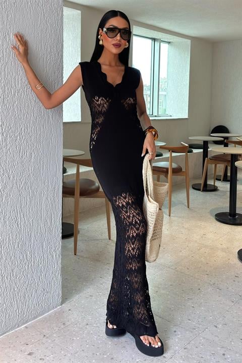 Wavy Collar Openwork Detail Knitwear Suit 2837