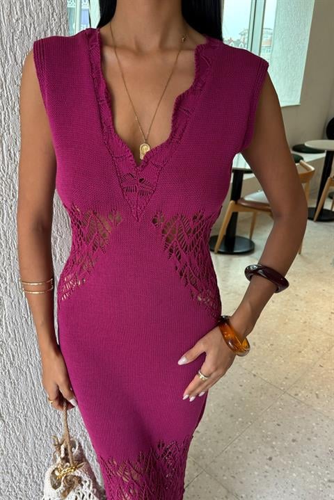 Wavy Collar Openwork Detail Knitwear Suit 2837