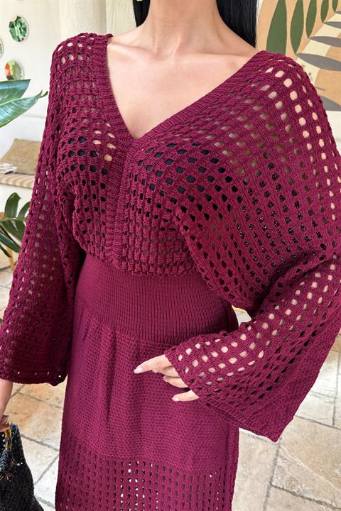 Bat Sleeve Openwork Knit Dress 2836