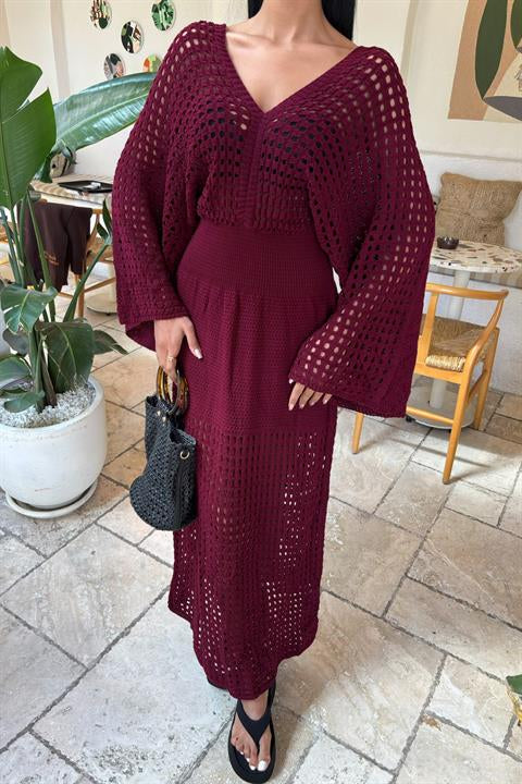 Bat Sleeve Openwork Knit Dress 2836