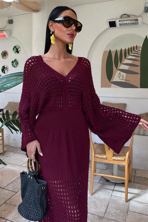 Bat Sleeve Openwork Knit Dress 2836