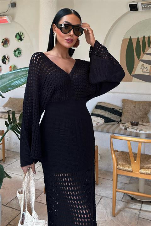 Bat Sleeve Openwork Knit Dress 2836