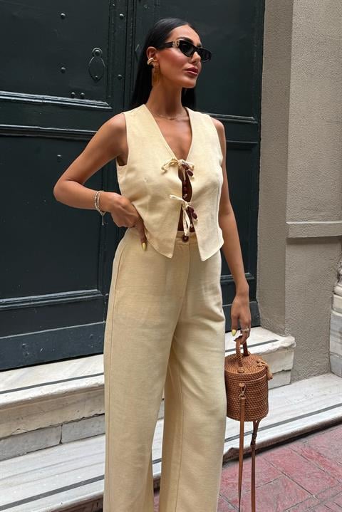 Linen Two Piece Suit with Tie Vest 10152