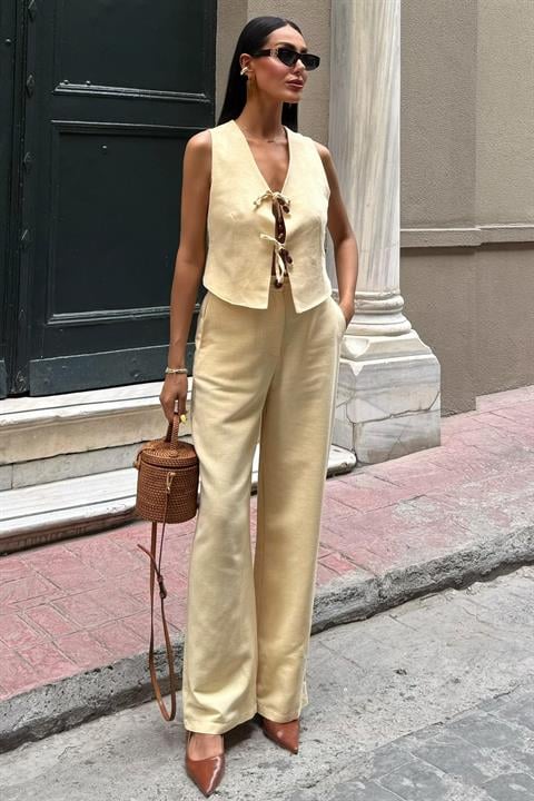 Linen Two Piece Suit with Tie Vest 10152