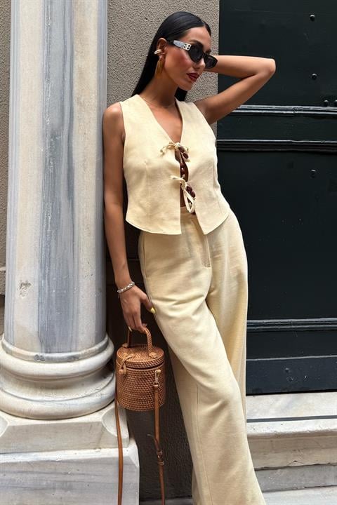 Linen Two Piece Suit with Tie Vest 10152